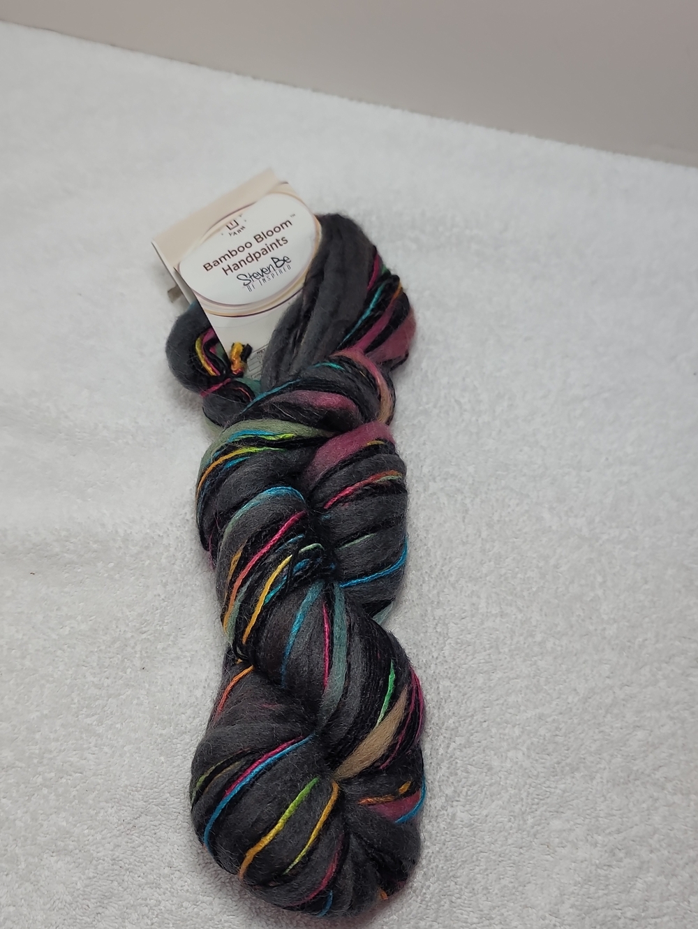 Bamboo Bloom Handpainted Yarn - Black w Multicolor  "Steven Be" 1 Skein NWOT